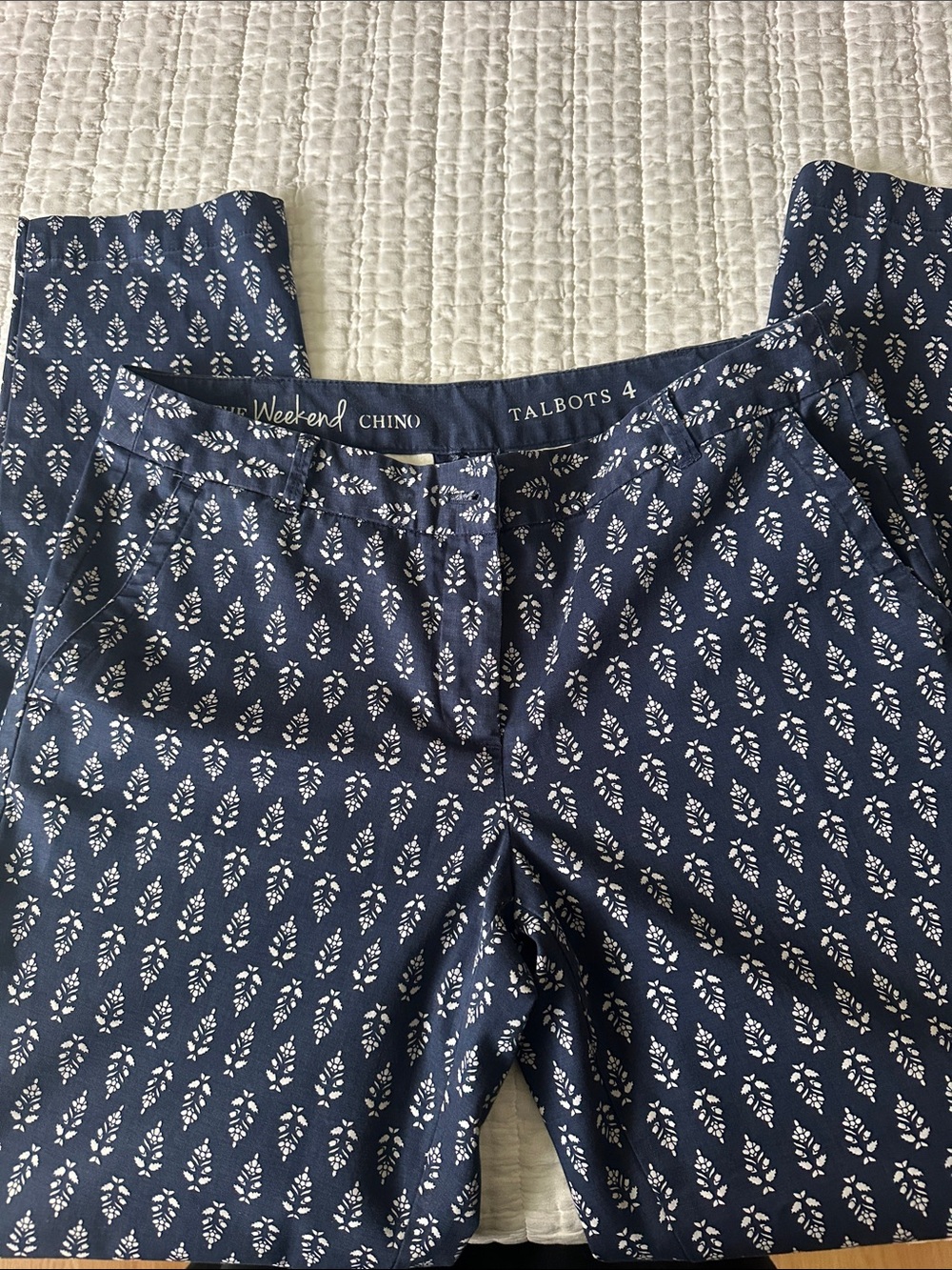 Talbots Navy White Leaf-Print Chino Pants